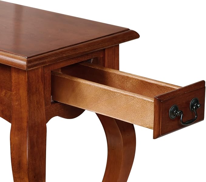 Leick Home Side Table, One Drawer, French Cabriole Leg, Shelf, Solid Poplar, Brown Cherry Finish, 12.5 in W x 23.5 in D x 24 in H, 9018-BR