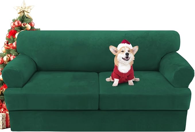 H.VERSAILTEX Sofa Cover 3 Piece T Cushion Loveseat Slipcovers Thick Velvet Couch Cover Stretch T Cushion Sofa Covers for 2 Cushion Couch with 2 Individual T Cushion Covers, Vintage Green