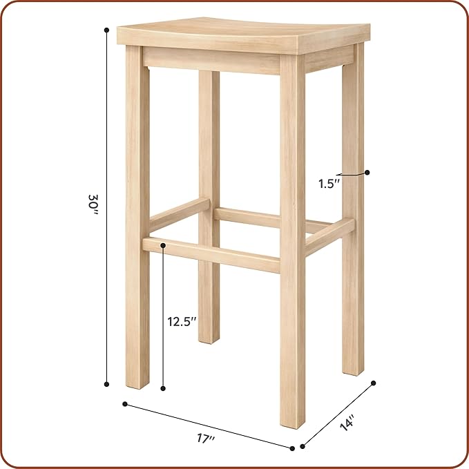 Grain & Grove Smith Collection Set of 2 Solid Wood Bar Stools, 30 inch Saddle-Seat Bar Chairs, Backless, Heavy-Duty Construction, Footrest Support, for Kitchen Islands, Home Bars, and Counters, Blonde
