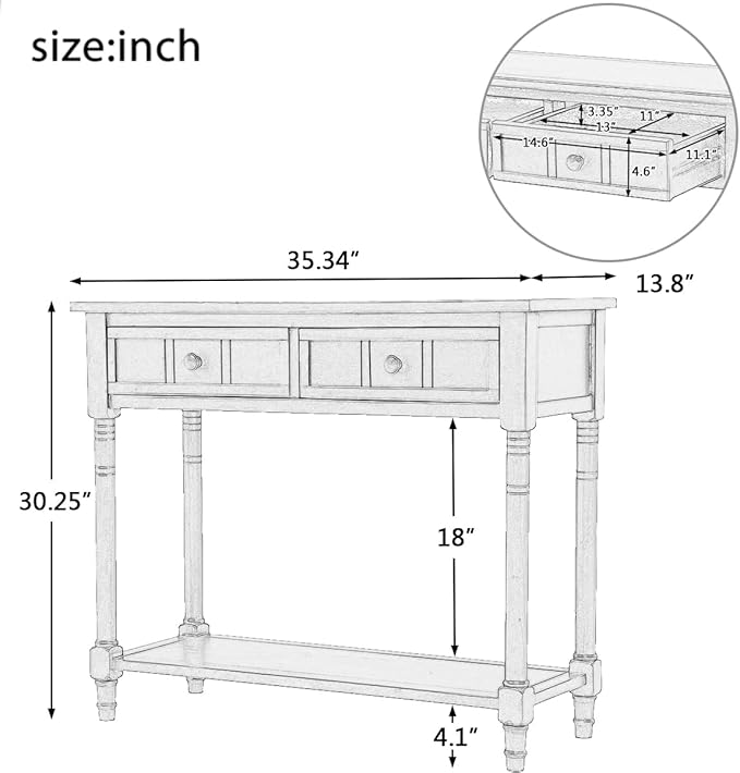 Bellemave Console Table with Drawers, Retro Entryway Table with 2 Drawers and Open Storage Shelf, Narrow Long Sofa Table, Behind Couch Table for Living Room, Foyer and Hallway,Espresso