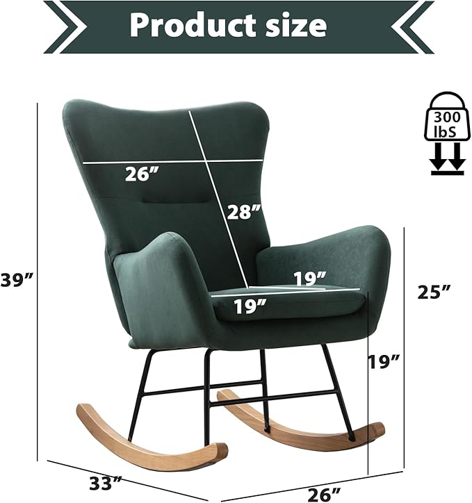 Phoenix Home Rocking Chair Nursery Velvet Upholstered Glider Rocker Rocking Accent Chair Padded Seat with High Backrest Armchair Comfy Side Chair for Living Room Bedroom Offices, Green