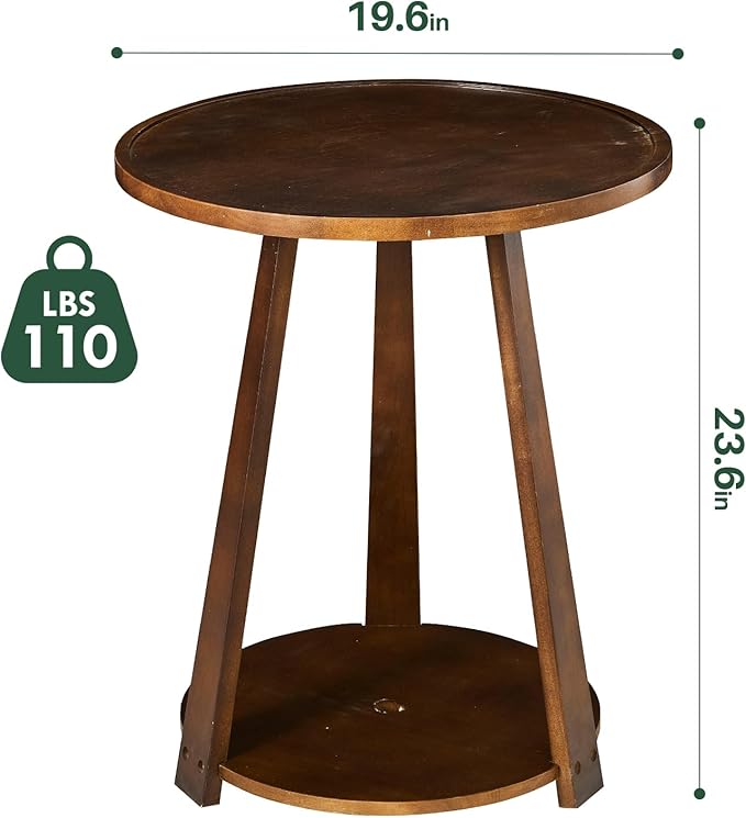 Round Solid Wood Side Table - Small Round Wooden End Table, Modern Living Room Side Beside Tables with Shelf for Couch Sofa Armchair Office Bedroom, Walnut, 19.6 in x 19.6 in x 23.6 in
