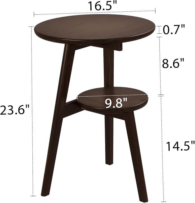 Small End Table Round End Table,Solid Wood Round Side Table with Lower Shelf，Nightstand for Small Spaces,Living Room,Bedroom(Deep Walnut)