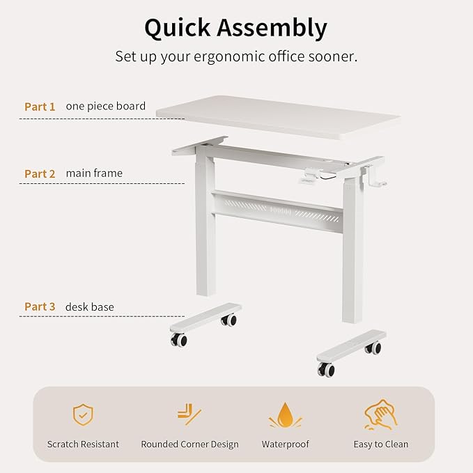 Mobile Walking Pad Desk with Wheels, Pneumatic Small Rolling Standing Desk Riser Height Adjustable (28-43.7") for Treadmill, Portable Computer Table for Home Office, White