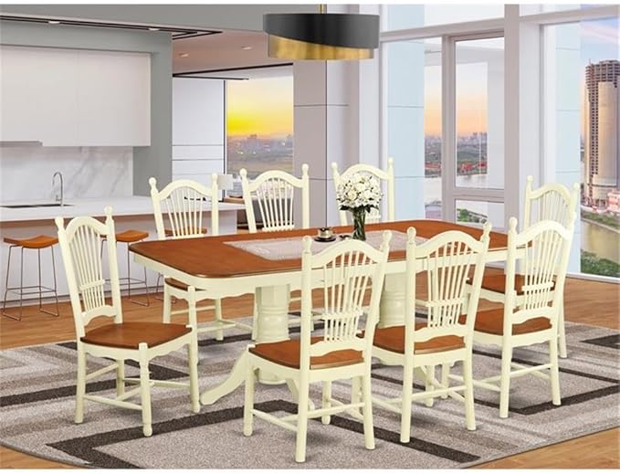 East West Furniture NADO9-WHI-W 9 Piece Dining Table Set Includes a Rectangle Wooden Table with Butterfly Leaf and 8 Dining Room Chairs, 40x78 Inch, Buttermilk & Cherry