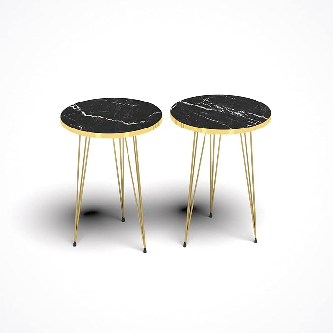 PAK HOME Set of 2 End Tables Round Wood Sofa Side Coffee Tables for Small Spaces, Nightstand Bedside Table with Metal Legs for Bedroom, Living Room, Office (Black Marble High Gloss/Gold Legs)