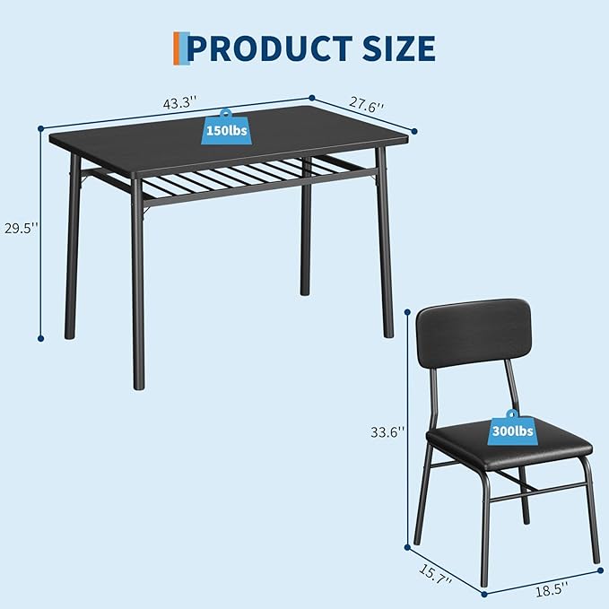 GAOMON 5-Piece Dining Table Set for 4, Wood Kitchen with Built-in Storage Rack,Small Kitchen Table with Upholstered Chairs and Metal Frame for Small Spaces, Black