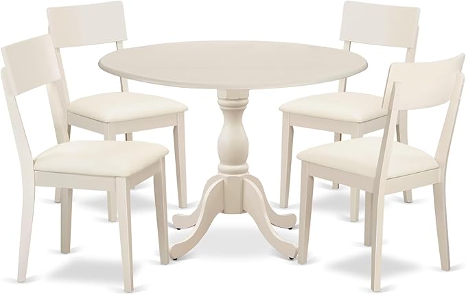 East West Furniture DMAD5-LWH-LC 5 Piece Dining Table Set for 4 Includes a Round Kitchen Table with Dropleaf and 4 Faux Leather Upholstered Dinette Chairs, 42x42 Inch, Linen White