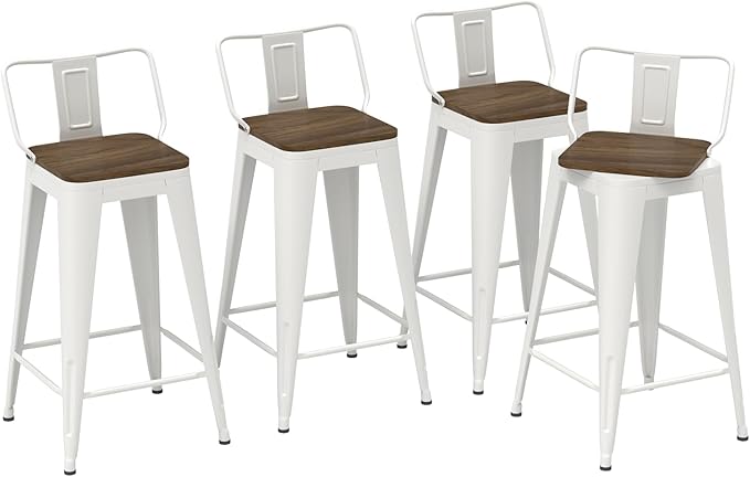 24 Inch Swivel Bar Stools Set of 4, Counter Height Bar Stools with Low Back, Metal Industrial Bar Chairs for Kitchen Island (White)