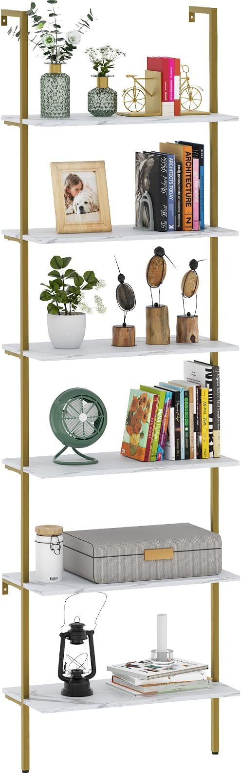 Ladder Shelf 6 Tiers Marble White Modern Bookshelf Open Tall Wall Mount Bookcase Standing Leaning Wall Shelves Industrial Decorative Living Room Bed Room