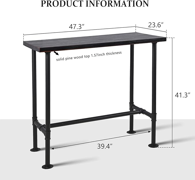Diwhy DIY Industrial Design Pipe Dining Table Casual Pub BAR Laptop Table Modern Studio Wood and Metal Rectangular Dining Table homeoffice Desk Breakfast high bar Table Walnut Desktop 47.3" × 23.6"