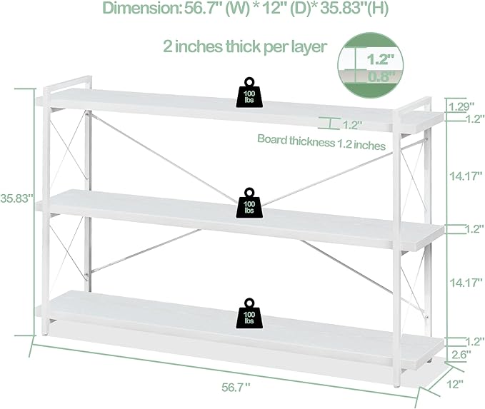 HCHQHS Bookshelf, 3-Tier Long Industrial Bookcase, White Open Book Shelf, Freestanding Horizontal Bookshelves with Metal Frame