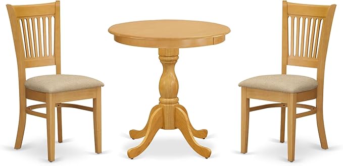 East West Furniture ESVA3-OAK-C 3 Piece Dining Table Set for Small Spaces Contains a Round Dining Room Table with Pedestal and 2 Linen Fabric Upholstered Chairs, 30x30 Inch, Oak