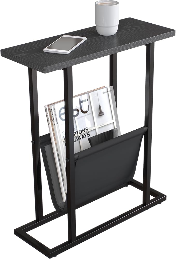 Yusong Narrow Side Table for Small Spaces, Small End Table with Magazine Holder, Skinny Slim Little Thin Table for Living Room, Bedroom, Sofa, Black Oak