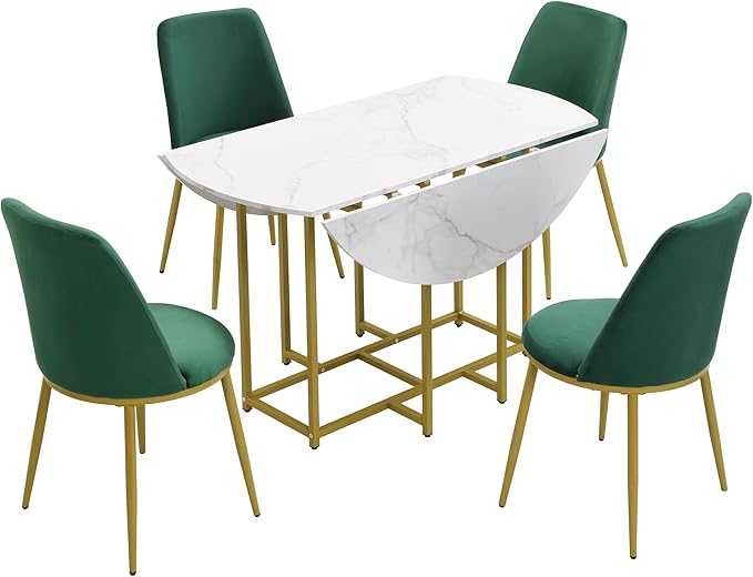 Merax 47.2” Round Dining Table Set for 4, Foldable Kitchen Dining Table with 11.8” Drop Leaves, Faux Marble Top with Golden Frame, 4 Upholstered Chairs (White+Green)