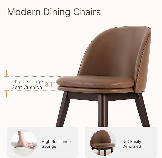 Wooden Dining Chairs Set of 4, Faux Leather Upholstered Modern Dining Room Chairs with Double-Layer Thick Seat Cushion & Ergonomic Backrest for Restaurant, Kitchen and Café, Brown, 2 Boxs