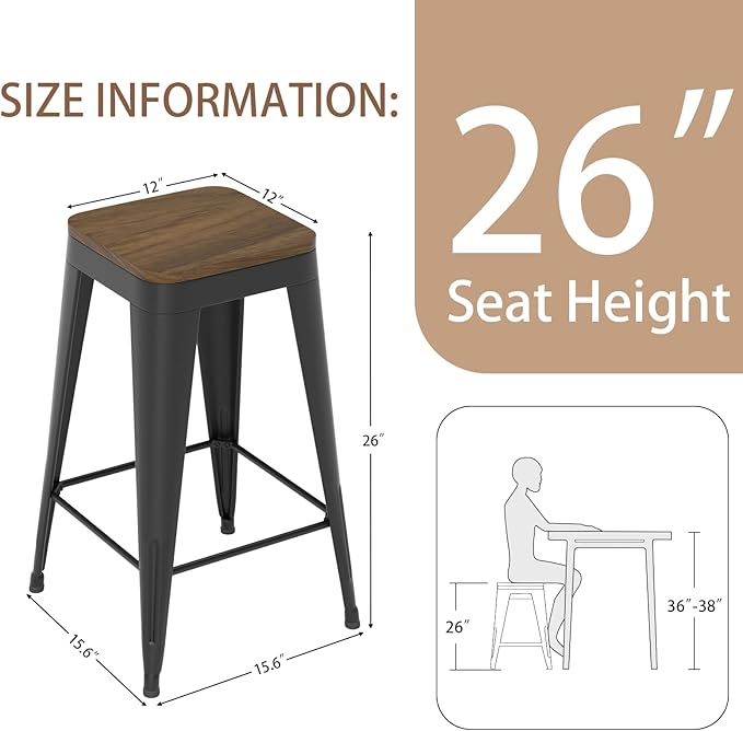 26 inch Backless Bar Stools Set of 4, Indoor Metal Bar Stools with Wood Seat, Industrial Counter Height Barstools for Kitchen Island, Black