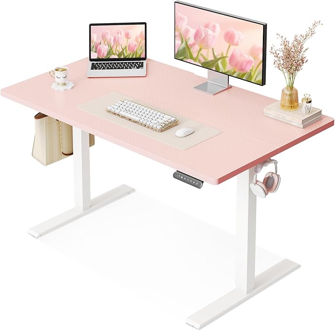 OffiGo Electric Height Adjustable Standing Desk, 40 Inch Pink Computer Desk for Women Girls, Sit Stand Table for Home, Office, Bedroom