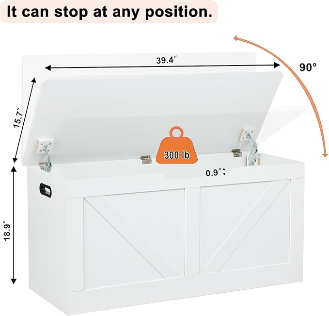 39.4" Storage Chest, Wooden Storage Bench, Large Storage Trunk with 2 Safety Hinges, Entryway Shoes Bench for Living Room, Bedroom, White
