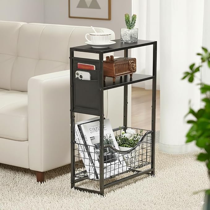 Narrow Side Table, Skinny Small End Tables with Magazine Holder, 3 Tier Small Sofa Side Table for Smalls Spaces, Sofa Couch Tables Bedside Table for Living Room Bedroom Office