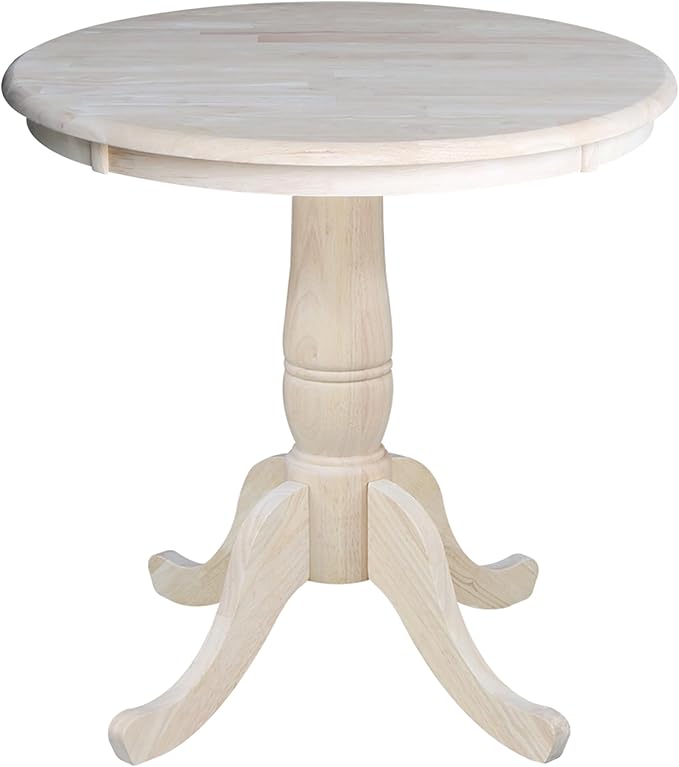 International Concepts 30" Round Top Pedestal Dining Table Solid Real Wood, Sturdy Parawood, Dimensions 30" D x 30" W x 28.8" H, Paint/Stain Ready, Unfinished