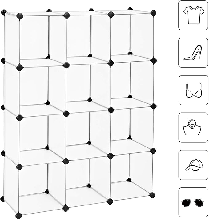SONGMICS Cube Storage Organizer, Set of 12 Plastic Cubes, Book Shelf, Closet Organizers and Storage, Room Organization, Bedroom Living Room, 12.2 x 36.6 x 48.4 Inches, White ULPC34L