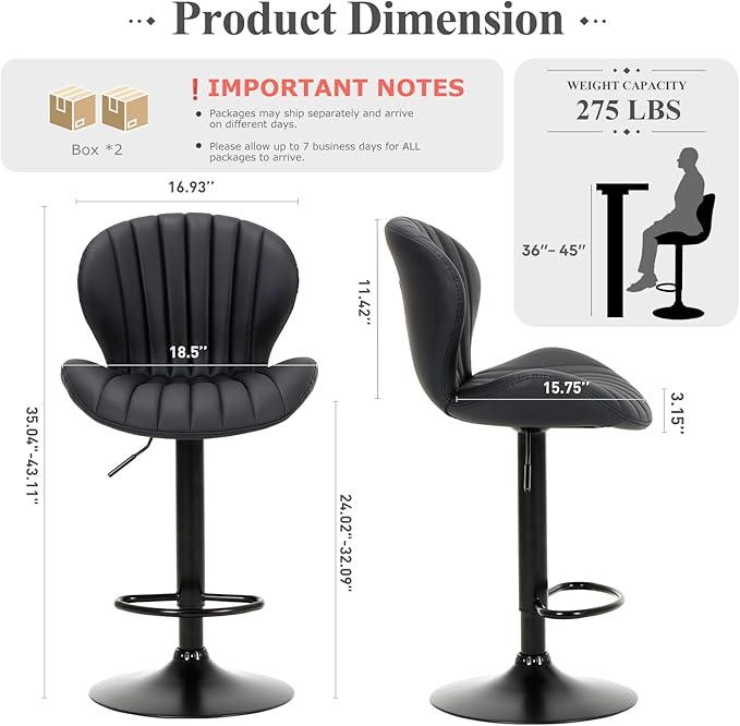 COLAMY Bar Stools Set of 4, Modern Swivel Bar Chairs, Adjustable Faux Leather Upholstered Barstools Counter Height with High Backrest for Bar, Kitchen Island, Dining Room, Black
