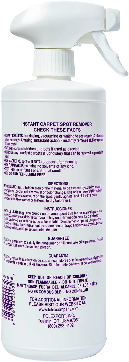 FOLEX Instant Carpet Spot Remover 32 oz – Powerful Stain Remover for Carpets, Upholstery & Rugs – Eliminates Pet Stains, Grease, Red Wine, Food, Makeup & More – With Reusable Cleaning Cloth – 2 Pack