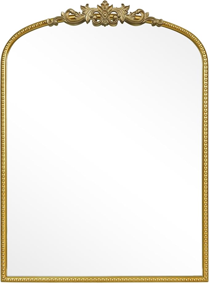 WallBeyond Gold Vintage Mirror - 24x32 Inch, Arched Antique Mirror with Ornate Frame for Bathroom, Living Room, Fireplace, Entryway