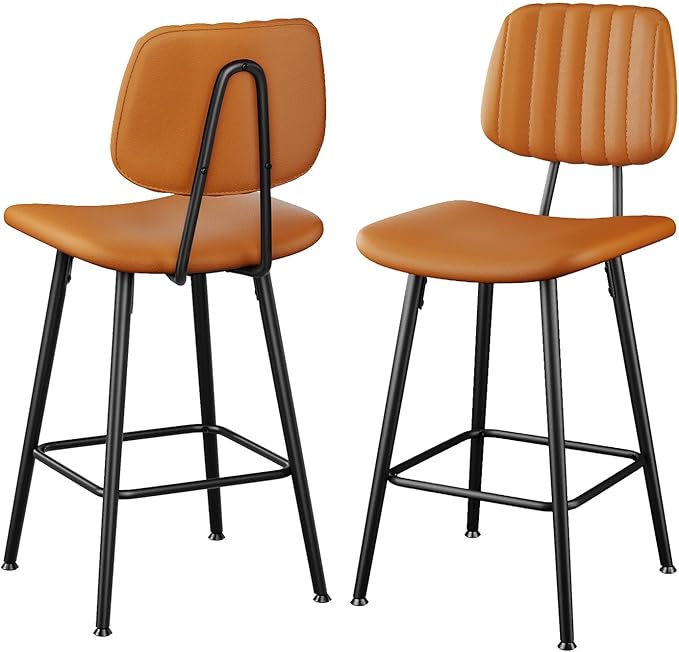 24-Inch Leather Bar Stools Set of 2, Counter Height Barstools with High Backrest，Bar Chairs for Kitchen Island with Heavy Duty Metal Legs, Brown