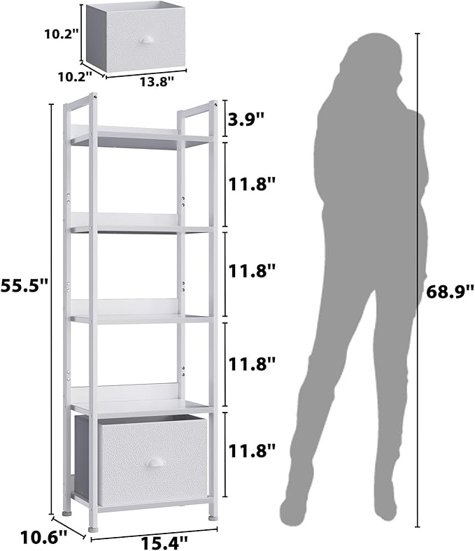 Furologee 5 Tier Bookshelf with Drawer, Tall Narrow Bookcase with Shelves, Wood and Metal Book Shelf Storage Organizer, Modern Display Standing Shelf Unit for Bedroom, Living Room, Office, White