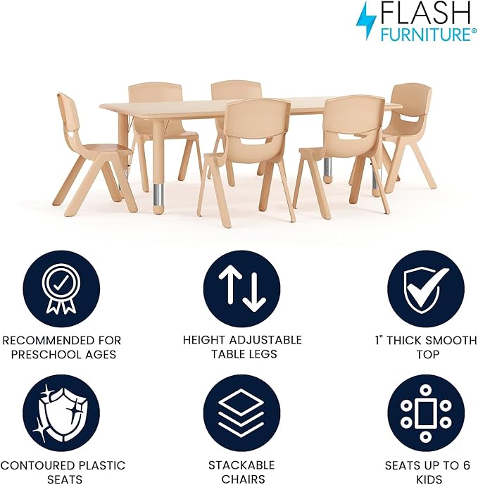 Flash Furniture Emmy Adjustable Classroom Activity Table with 6 Stackable Chairs, Plastic Activity Table for Kids, 23.625" W x 47.25" L, Natural