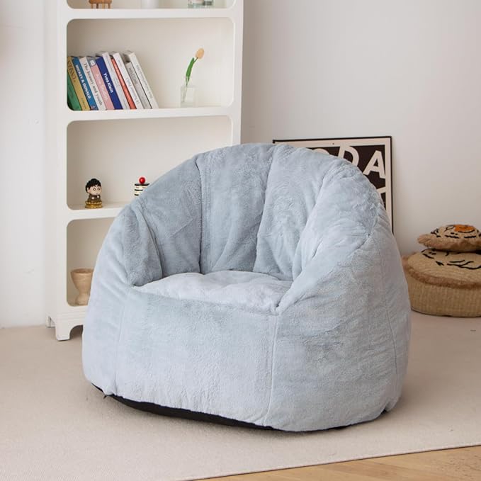 N&V Large Shell Bean Bag Chair, Adult Size Bean Bag Sack, Foam Filling, Includes Removable and Machine Washable Cover, 40in, Soft Faux Fur, Grey