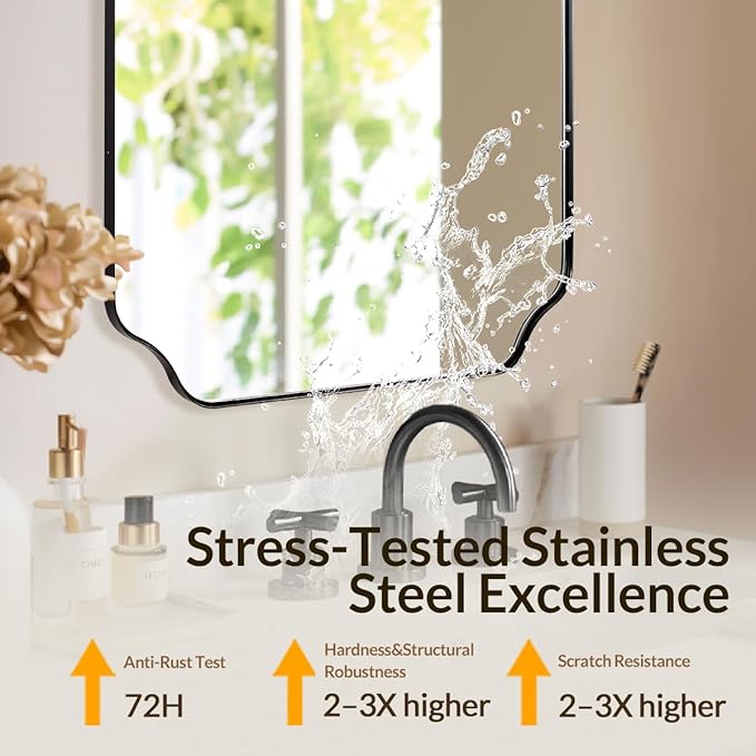 30"x40" Large Bathroom Mirror, Matte Black Scalloped Mirror for Bathroom, Black Irregular Wall Mirror, Unique Shape Design with Superior Stainless Steel Frame, Weigh 30.5Lb