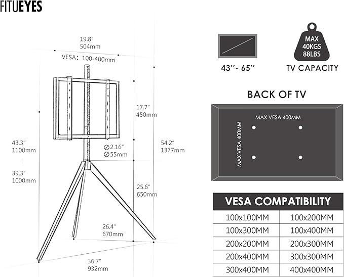 FITUEYES Design Corner TV Stand for 43-65 Inch TVs, Height Adjustable Metal Tripod Easel TV Stand Modern TV Floor Mount with Concealed Storage for Bedroom Living Room, Picasso Series
