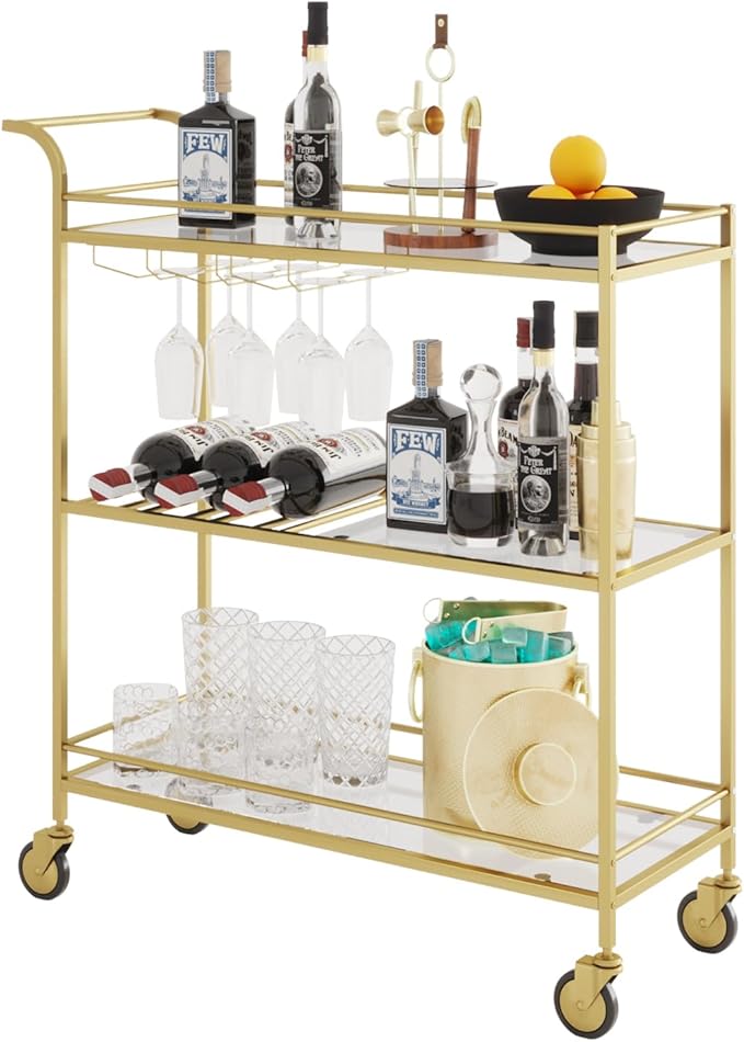 Gold Bar Cart, Home Bar Serving Cart with Handle, Wine Cart with 3-Tier Glass Shelves, Beverage Cart with Wine Rack and Glass Holder, Bar Carts for The Home, Dining Room, Living Room