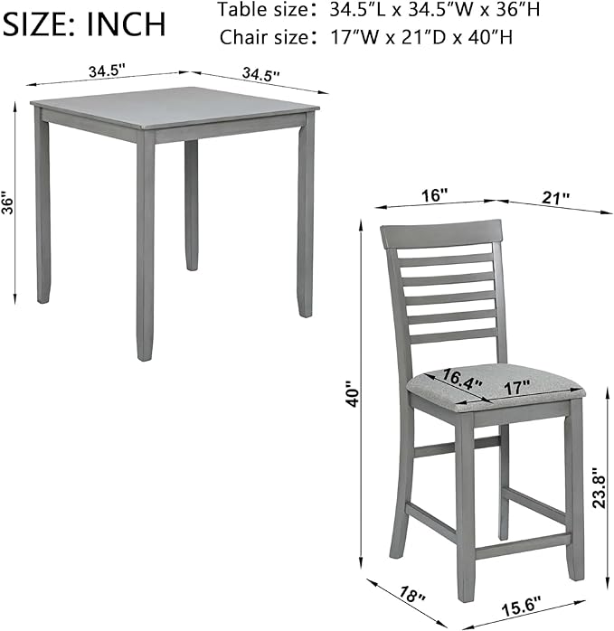 Dining Table Set for 4, Modern 5 Piece Dining Room Table Set with Square Table & 4 Ladder Backrest Upholstered Chairs, Counter Height Kitchen Chairs Set for Small Space, Gray