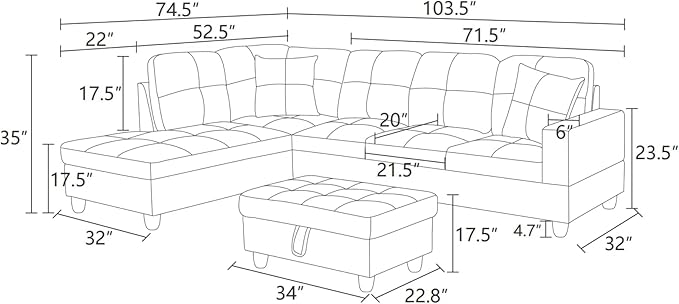 L-Shaped Sectional Sofa with Ottoman, Right-Facing Leather Modern Couch with Cup Holder for Living Room, Bedroom, Office, Glistening White