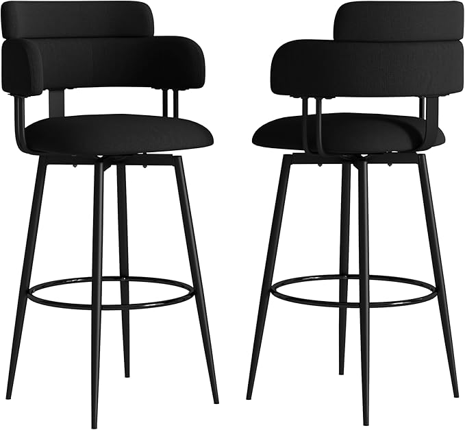 Swivel Bar Stools Set of 2, Counter Height Bar Stools with Ergonomic Full Back, Upholstered Linen Fabric Barstools with Chrome Metal Footrest for Kitchen Island, Dining Room