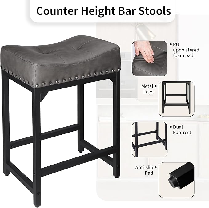 Counter Height Bar Stools Set of 3, Stools for Kitchen Island Set of 3, 24 Inch Counter Stool Saddle Backless Barstools for Kitchen Counter -Grey