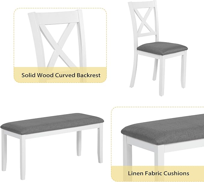 6-Piece Solid Wood Dining Table Set, Including 1 Dining Table, 4 Upholstered Chairs and 1 Bench, Wooden Legs Dining Table Set for Dining Room, Kitchen, Restaurant, White