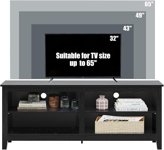 TV Stand for 65 inch TV with Storage,Modern TV Entertainment Center for Bedroom,TV Media Console Table with 4 Open Storage Shelve,55 inch Wood TV Cabinet Black