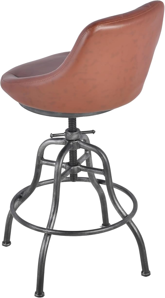 Diwhy Industrial Counter Stool, 22.44"-27.17" Adjustable Height PU Backrest Seat Bar Stool, Vintage Kitchen Dining Chair with Footrest, for Kitchen, Dining Side Chair, Bistro, Brown Leather
