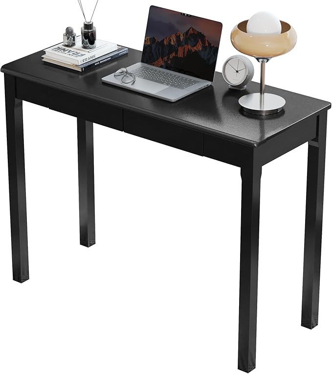 Solid Wood Desk with Drawers - 39 x 16 Inch Modern Narrow Desks, Rubber Wood Study Table, Small Writing Desk for Small Spaces|Bedroom - Black Desks