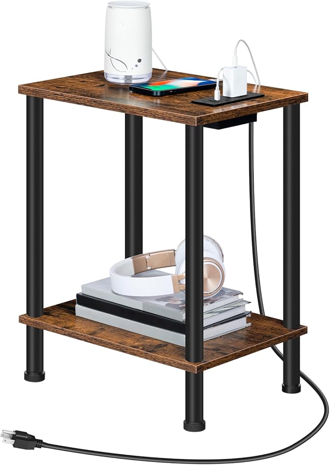 HOOBRO Side Table with Charging Station, End Table with USB Port and Outlet, Nightstand with 2-Layer Storage Shelves for Small Spaces, Living Room, Bedroom, Stable Frame, Rustic Brown BF09UBZ01