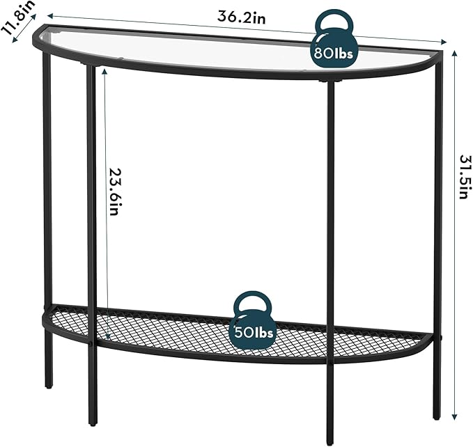 SAYGOER Glass Half Moon Console Table 2 Tier Narrow Entryway Table with Black Metal Frames, Modern Couch Table Small Entry Way Tables, Easy Assembly, Clear Glass