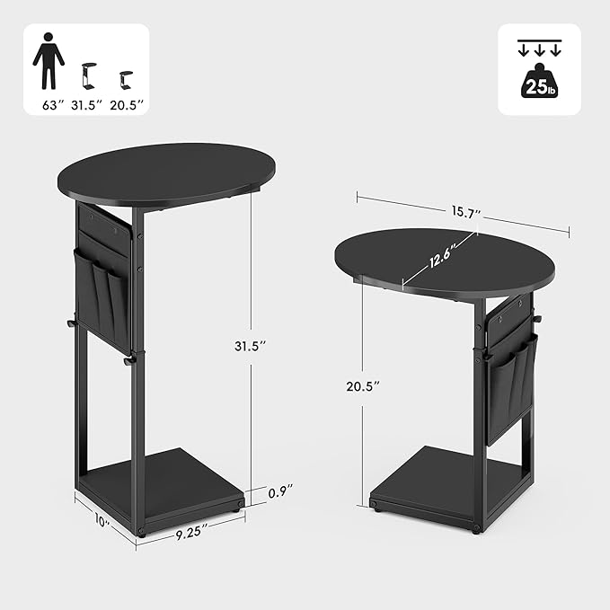 Vagusicc C Shaped End Table, Adjustable Height Small Side Table for Couch and Recliner, 32" Tall Couch Side Table Slide Under Sofa Tray Desk with Storage Bag for Living Room and Bedroom, Black
