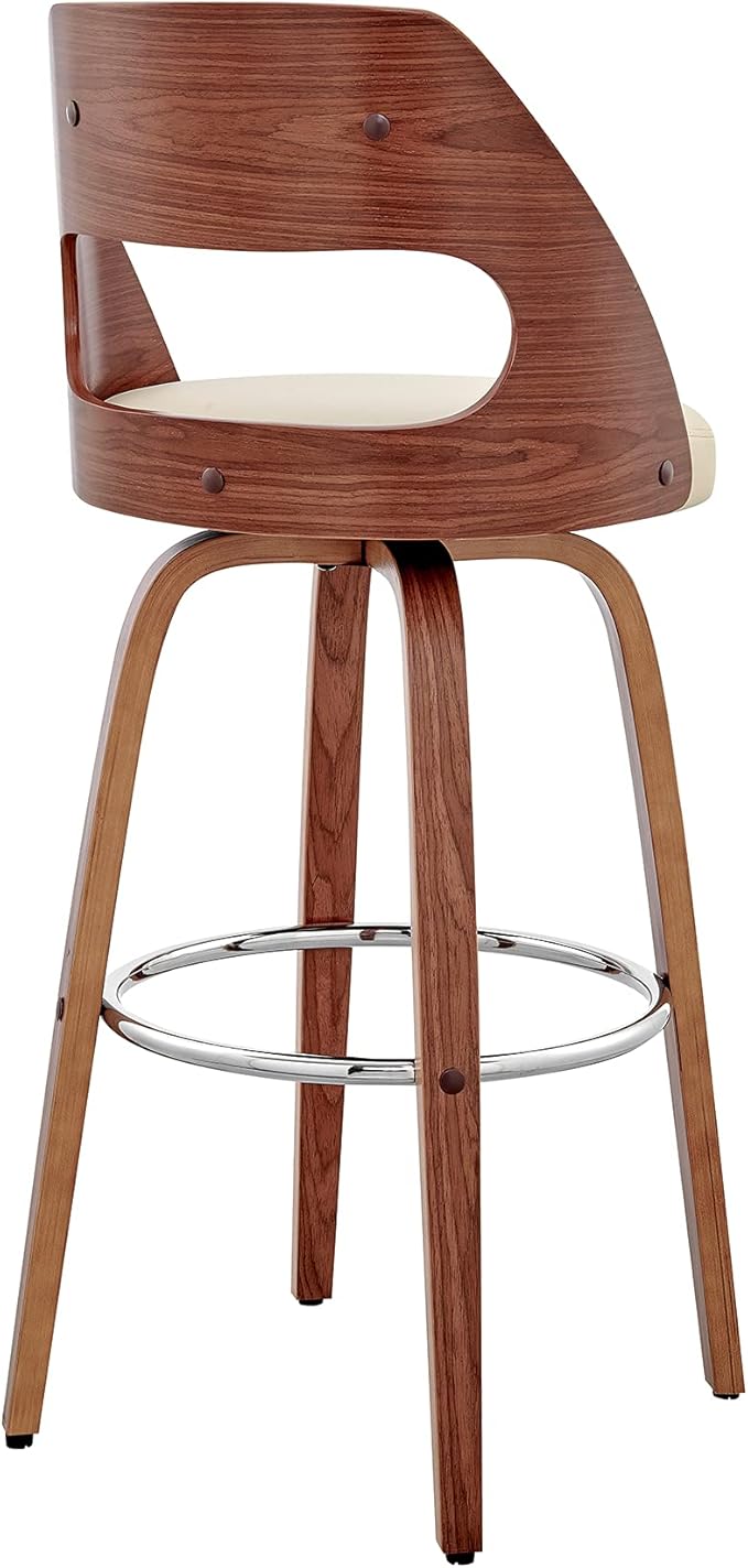 Armen Living Julius Mid Century Modern Swivel Bar Stool for Kitchen Island Counter in Cream Faux Leather and Walnut Wood, 26" Seat Height
