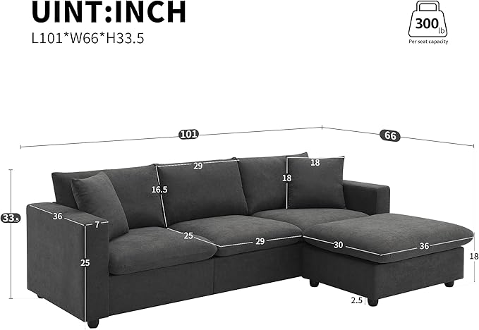 100" Modern Sectional Sofa with Convertible Ottoman,L-Shaped Couch Set W/ 2 Free Pillows,4-seat Polyester Fabric Indoor Luxury Furniture for Living Room, Apartment,Office,Dawn Grey
