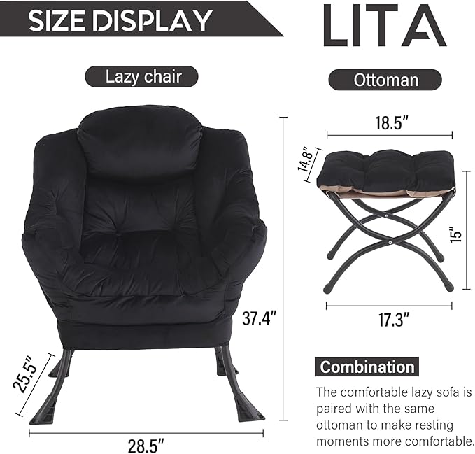 LITA Lazy Chair with Ottoman, Modern Accent Leisure Upholstered Sofa, Contemporary Lounge Reading Chair with Armrests and a Side Pocket for Living Room, Bedroom & Small Space, Black